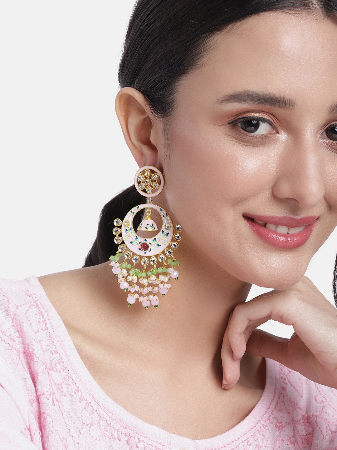 

Peora Pink & Green Stone Studded & Beaded Crescent Shaped Chandbalis Earrings