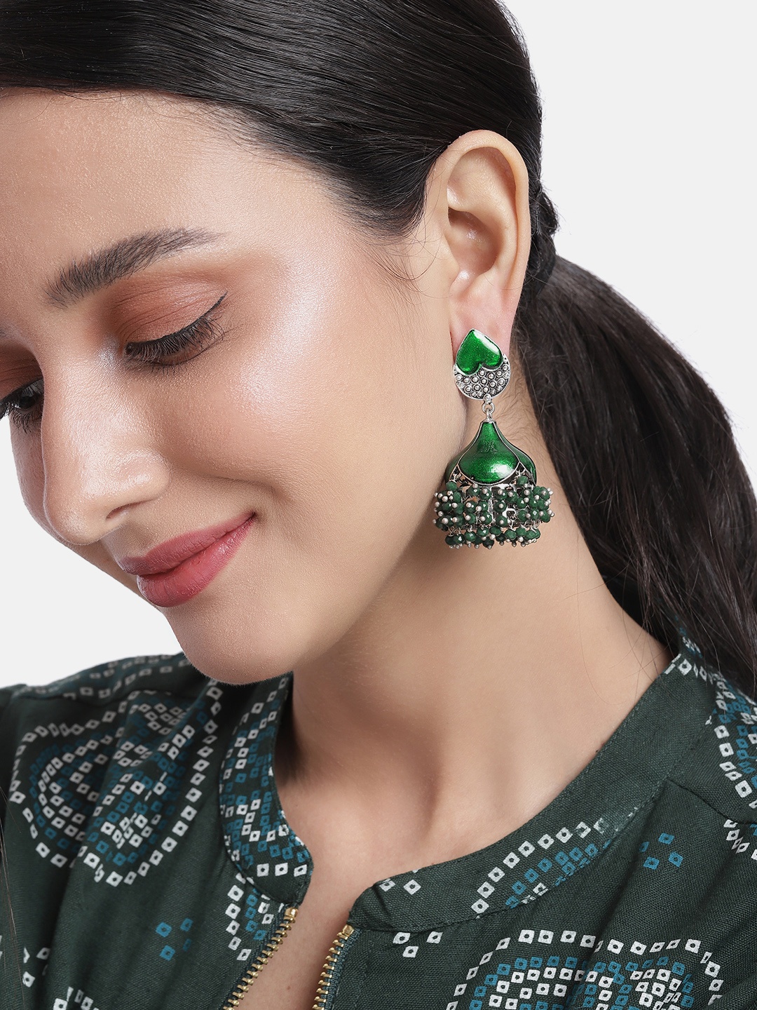 

Peora Silver-Plated Dome Shaped Jhumkas Earrnigs, Green