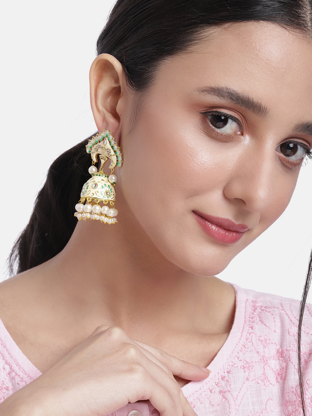 

Peora Cream-Coloured & Green Stone Studded & Beaded Dome Shaped Jhumkas Earrings
