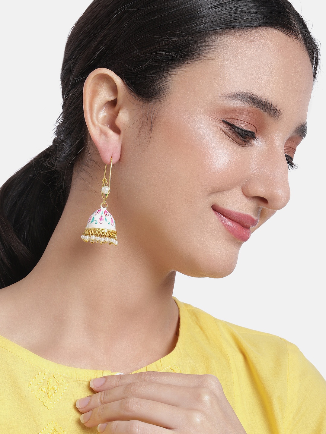 

Peora White & Pink Dome Shaped Beaded Jhumkas Earrings