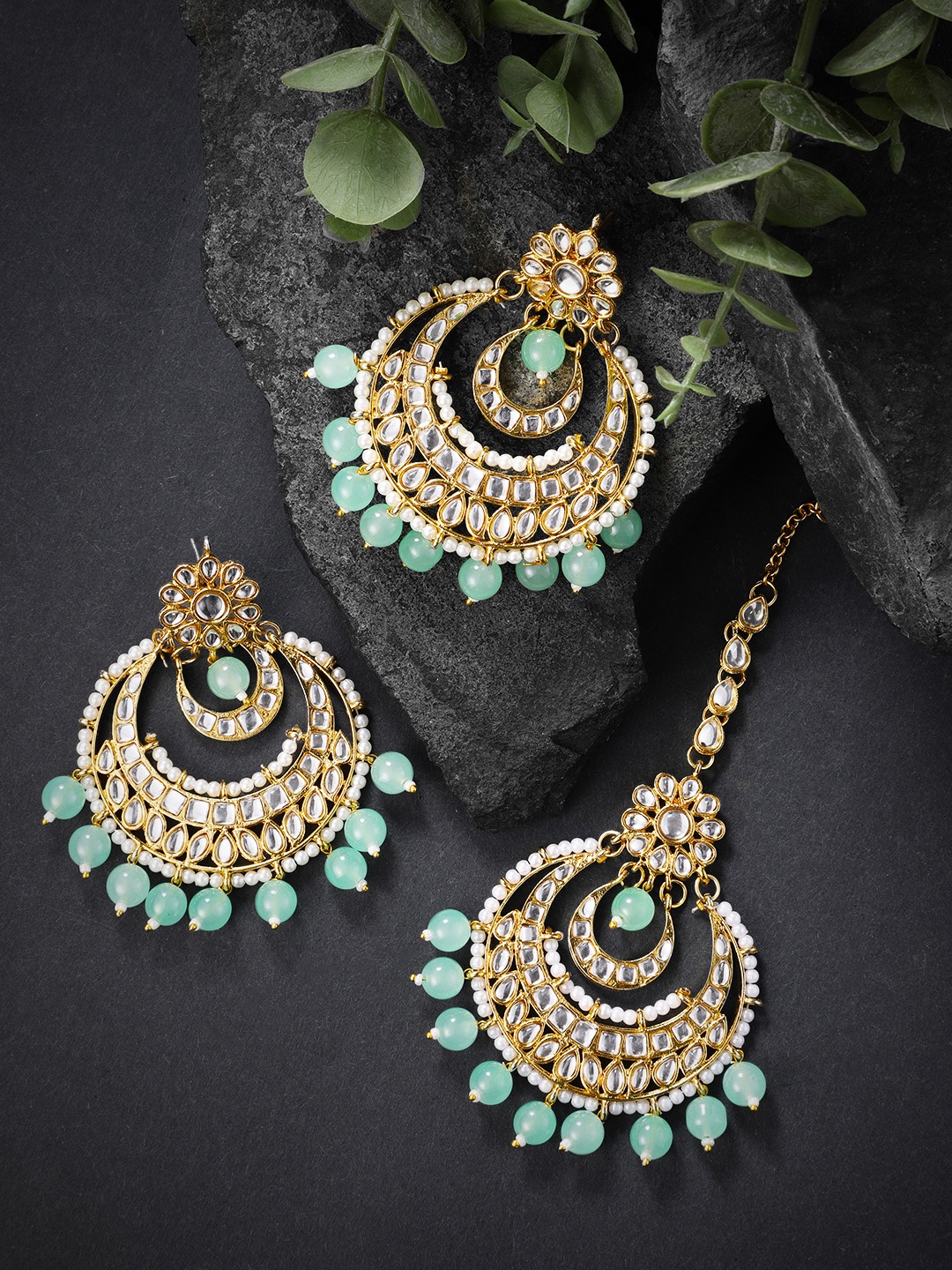 

Peora Gold-Plated Chandbali Earrings with Maang Tikka Jewellery Set, Sea green