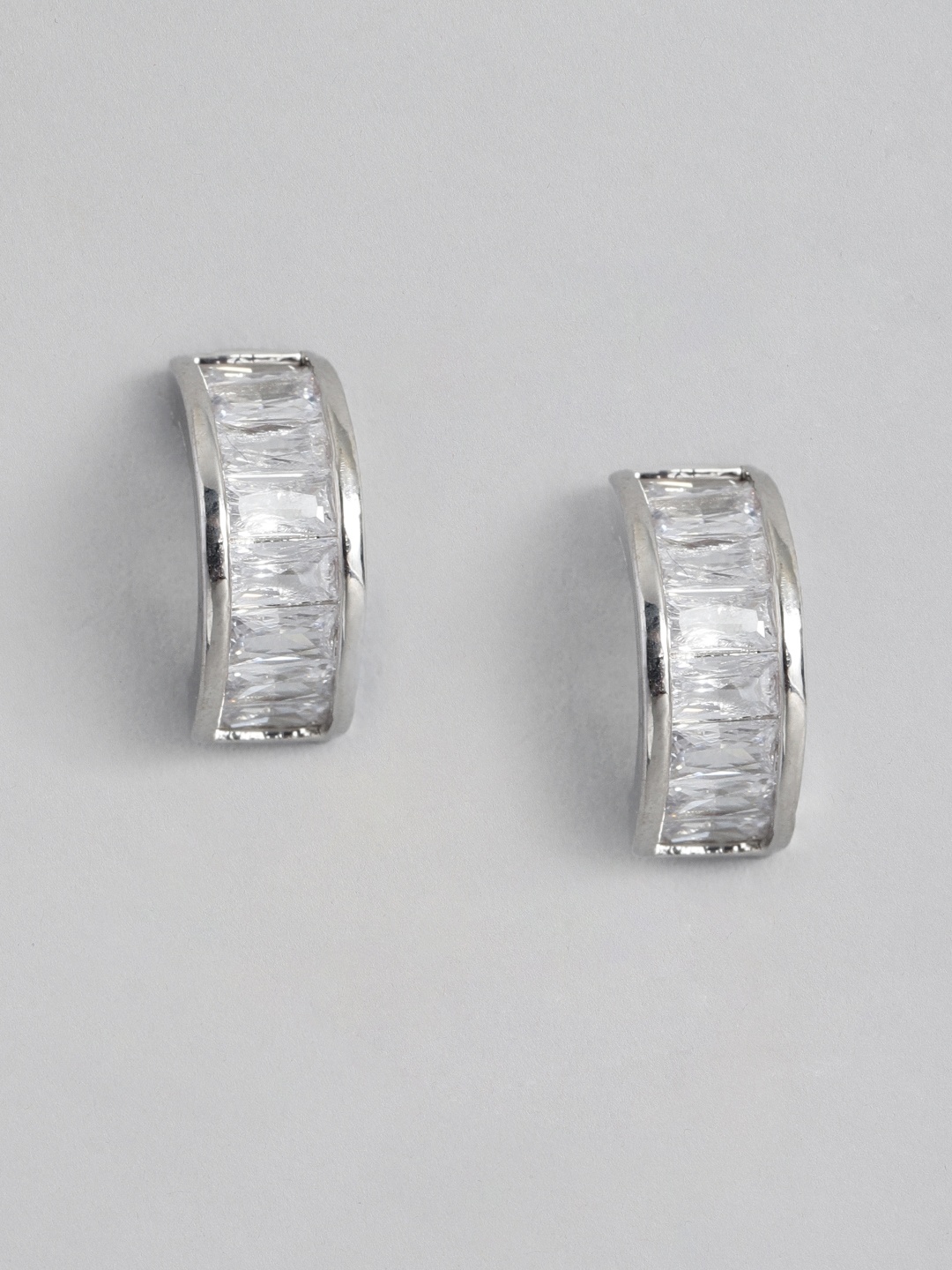 

Peora Silver-Plated American Diamond Geometric Half Hoop Earrings
