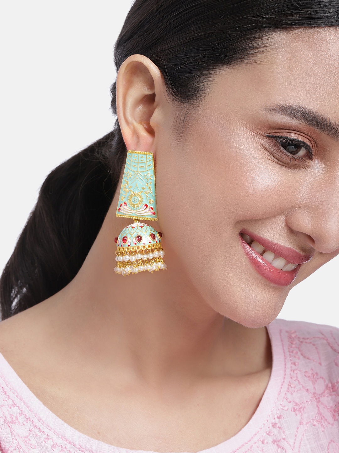 

Peora Sea Green Dome Shaped Stone Studded & Beaded Jhumkas Earrings