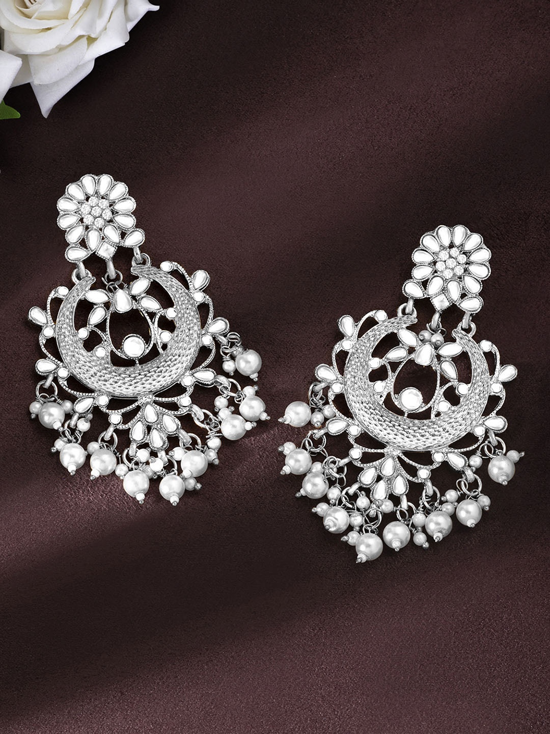 

Peora Silver-Toned Classic Stone studded & Beaded Chandbalis Earrings