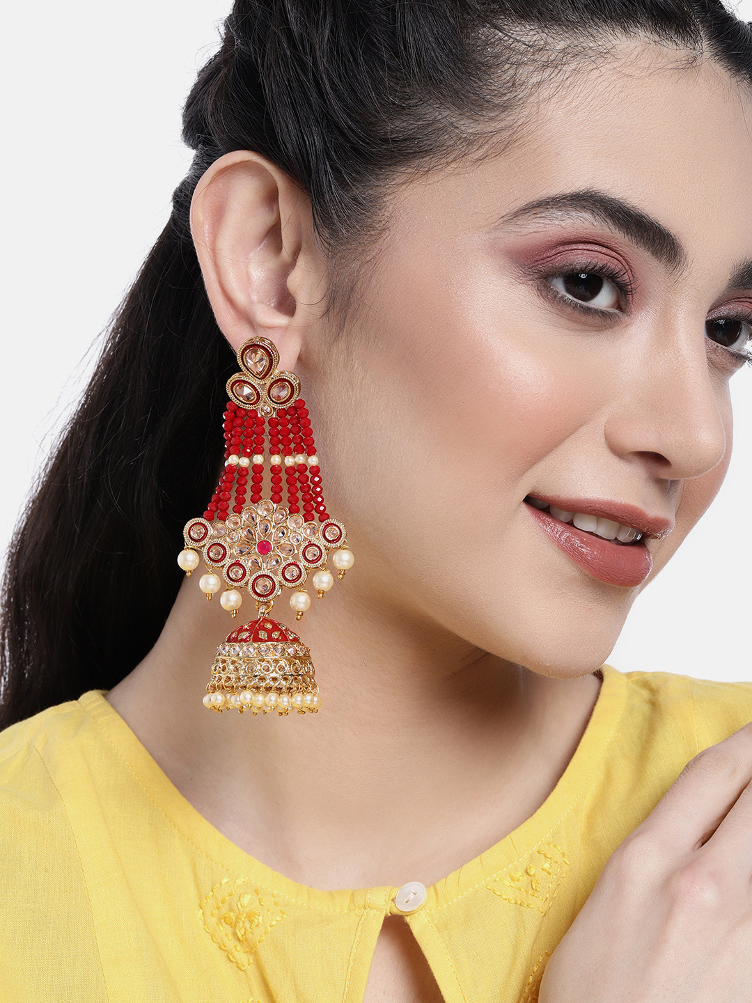 

Peora Gold-Plated Dome Shaped Jhumkas Earrings, Red