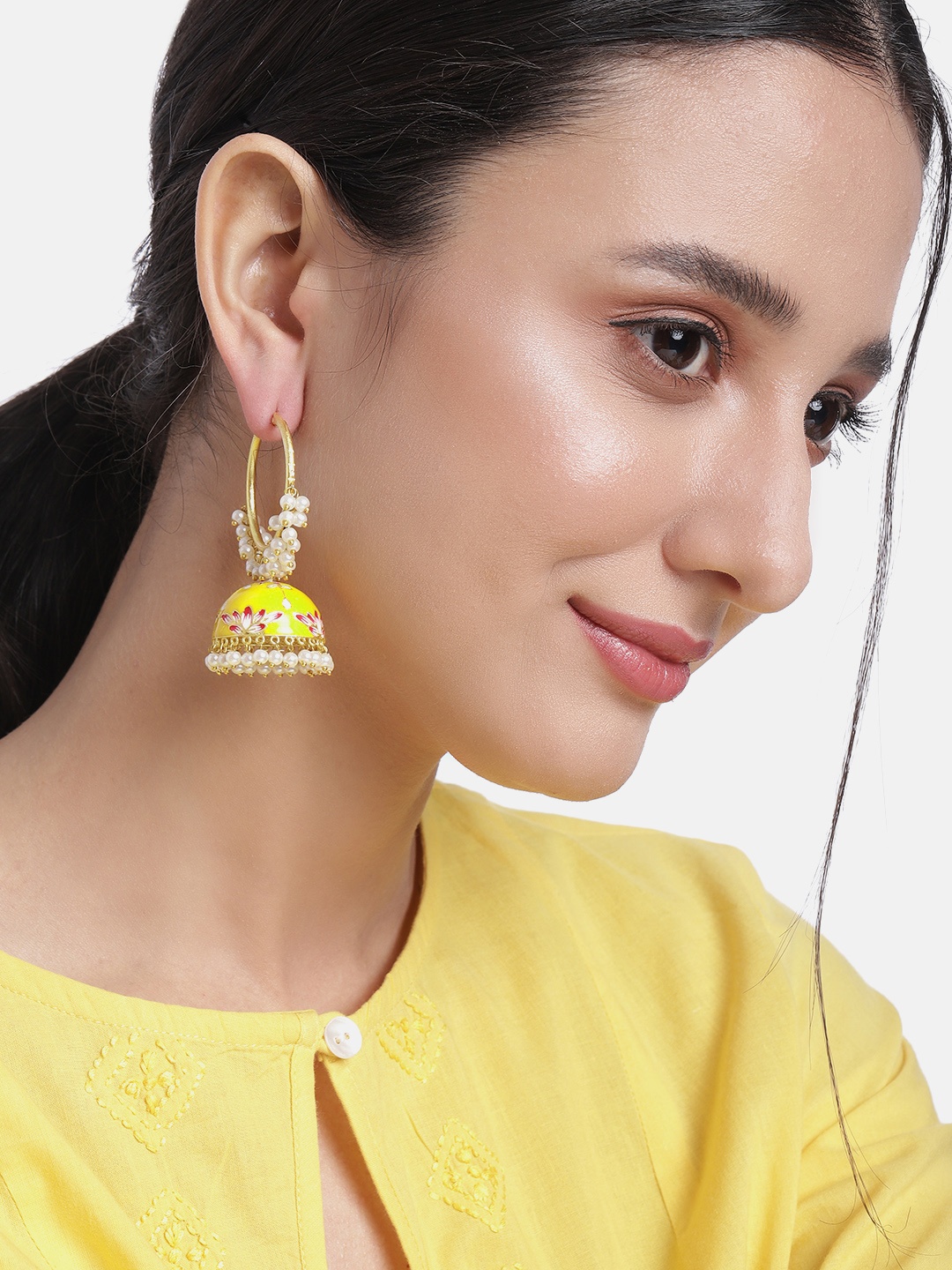 

Peora Yellow Dome Shaped Beaded Jhumkas Earrings