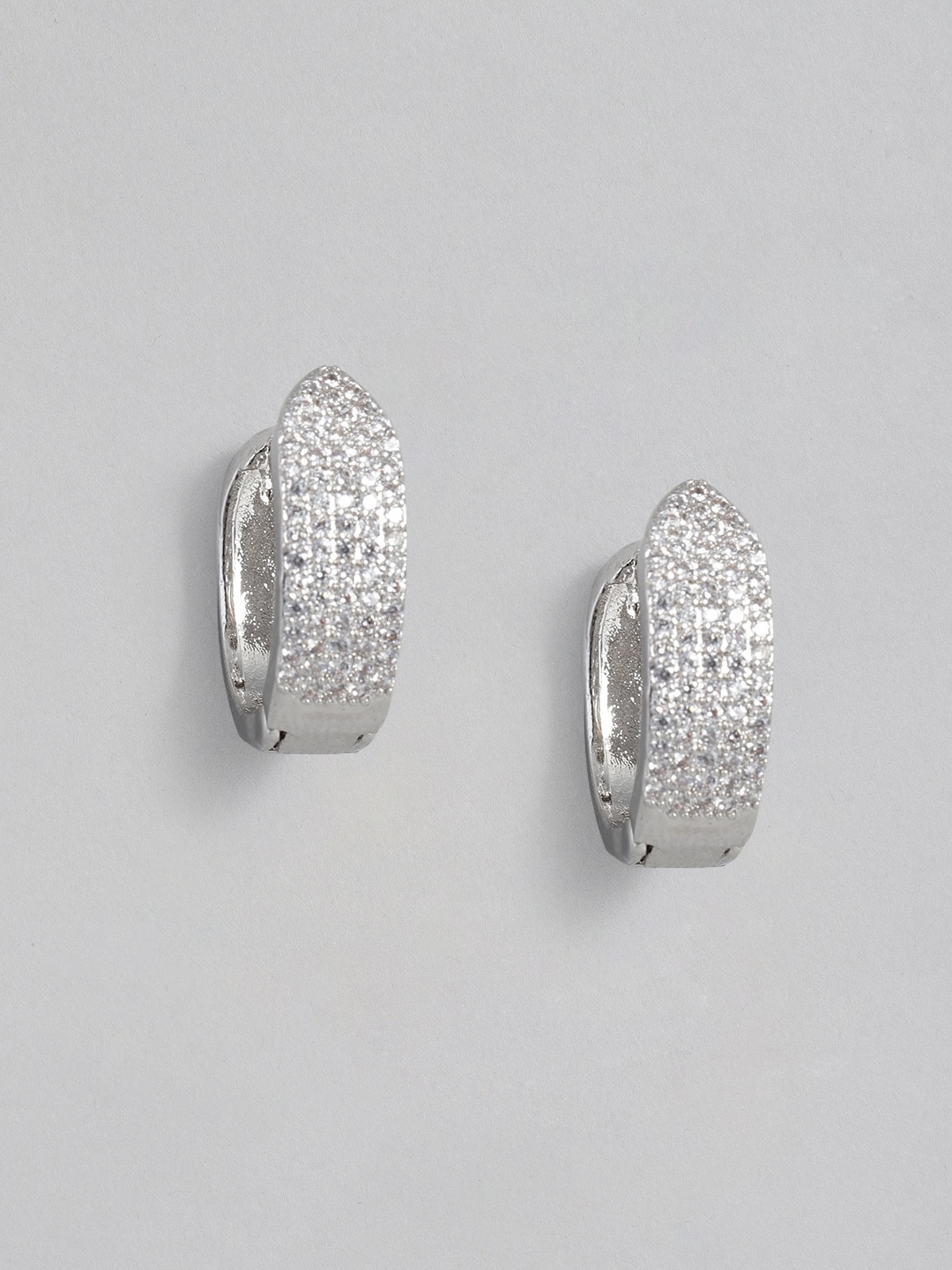 

Peora Silver-Plated American Diamond Studded Geometric Hoop Earrings