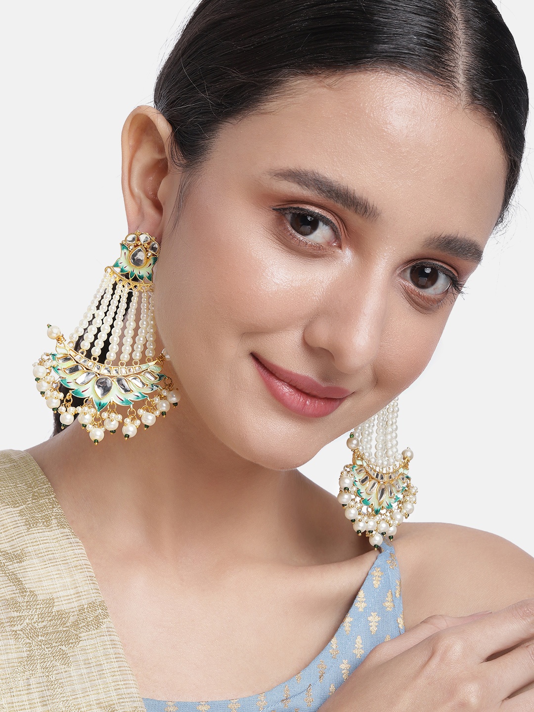 

Peora Sea Green & Off White Beaded Crescent Shaped Drop Earrings