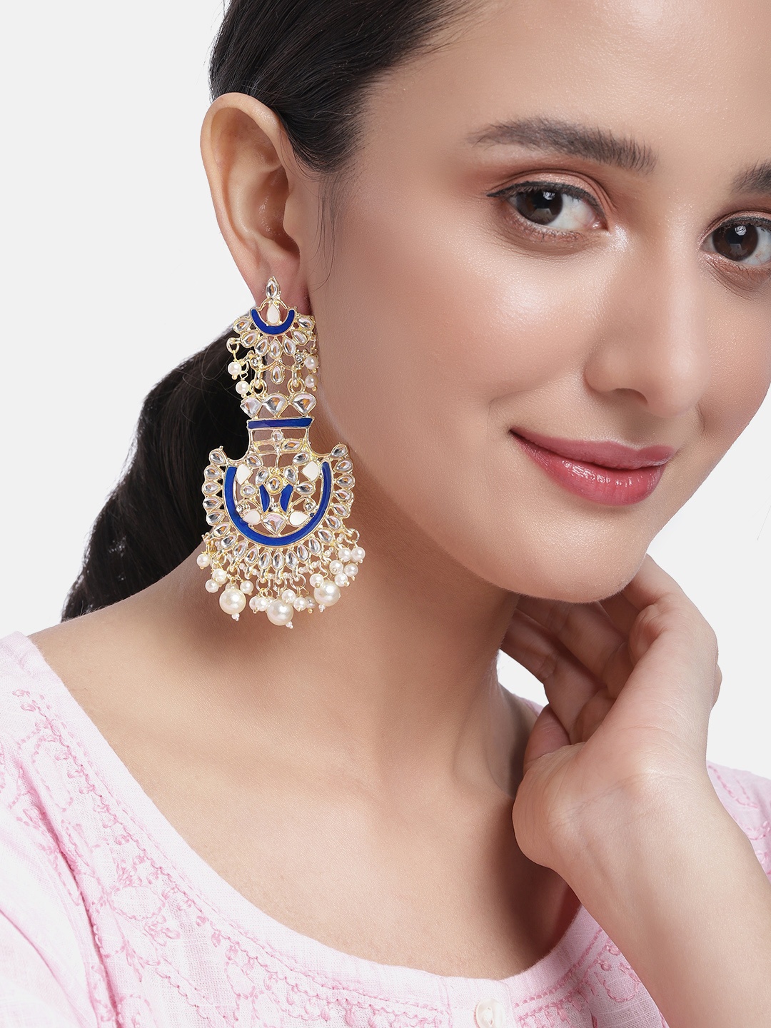 

Peora Blue & Gold-Toned Classic Stone Studded & Beaded Chandbalis Earrings