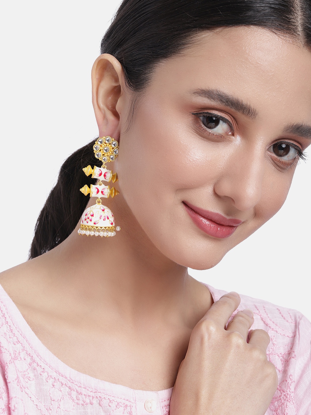 

Peora White & Pink Dome Shaped Stone Studded & Beaded Jhumkas Earrings