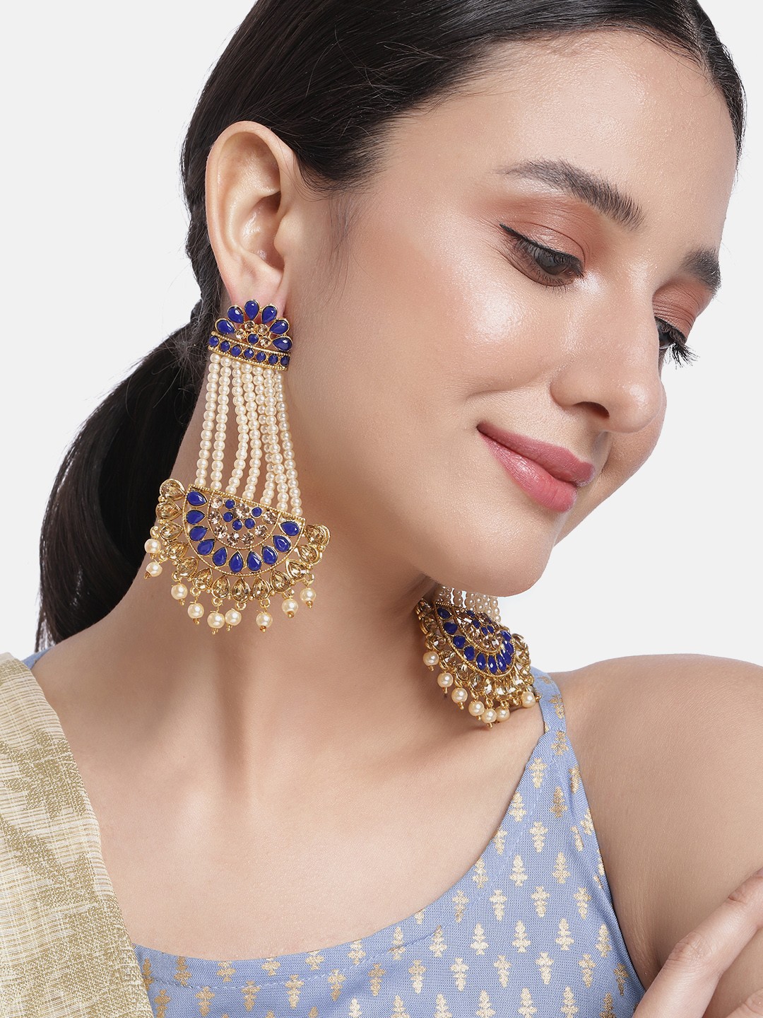 

Peora Blue & Gold-Toned Crescent Shaped Stone Studded & Beaded Drop Earrings