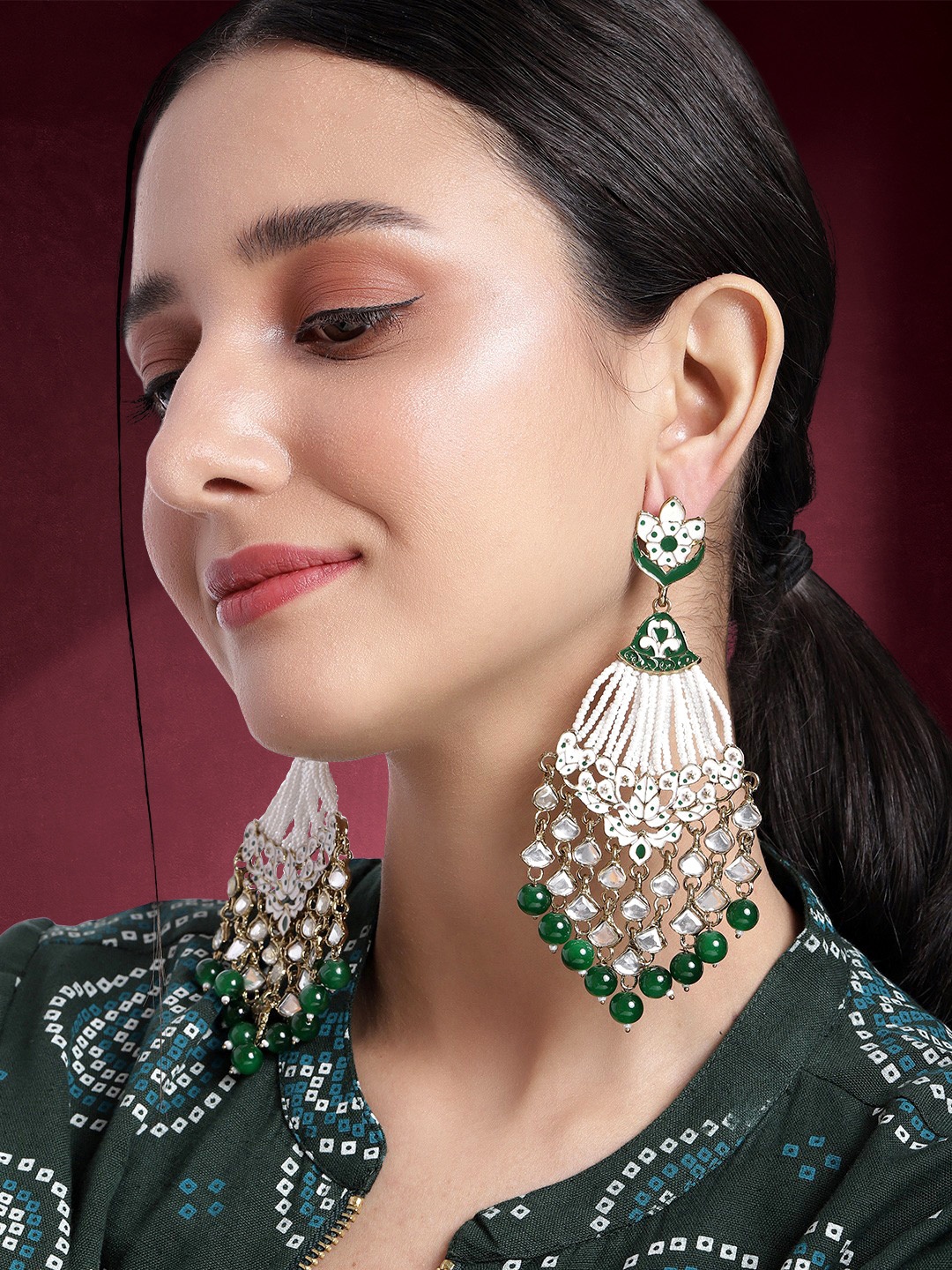 

Peora Gold-Plated Kundan & Pearls Classic Drop Earrings, Green