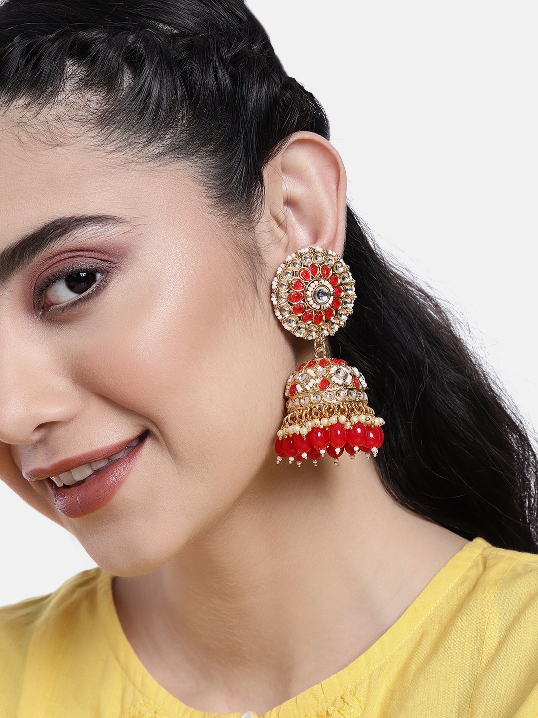 

Peora Gold-Plated Dome Shaped Jhumkas Earrings, Red