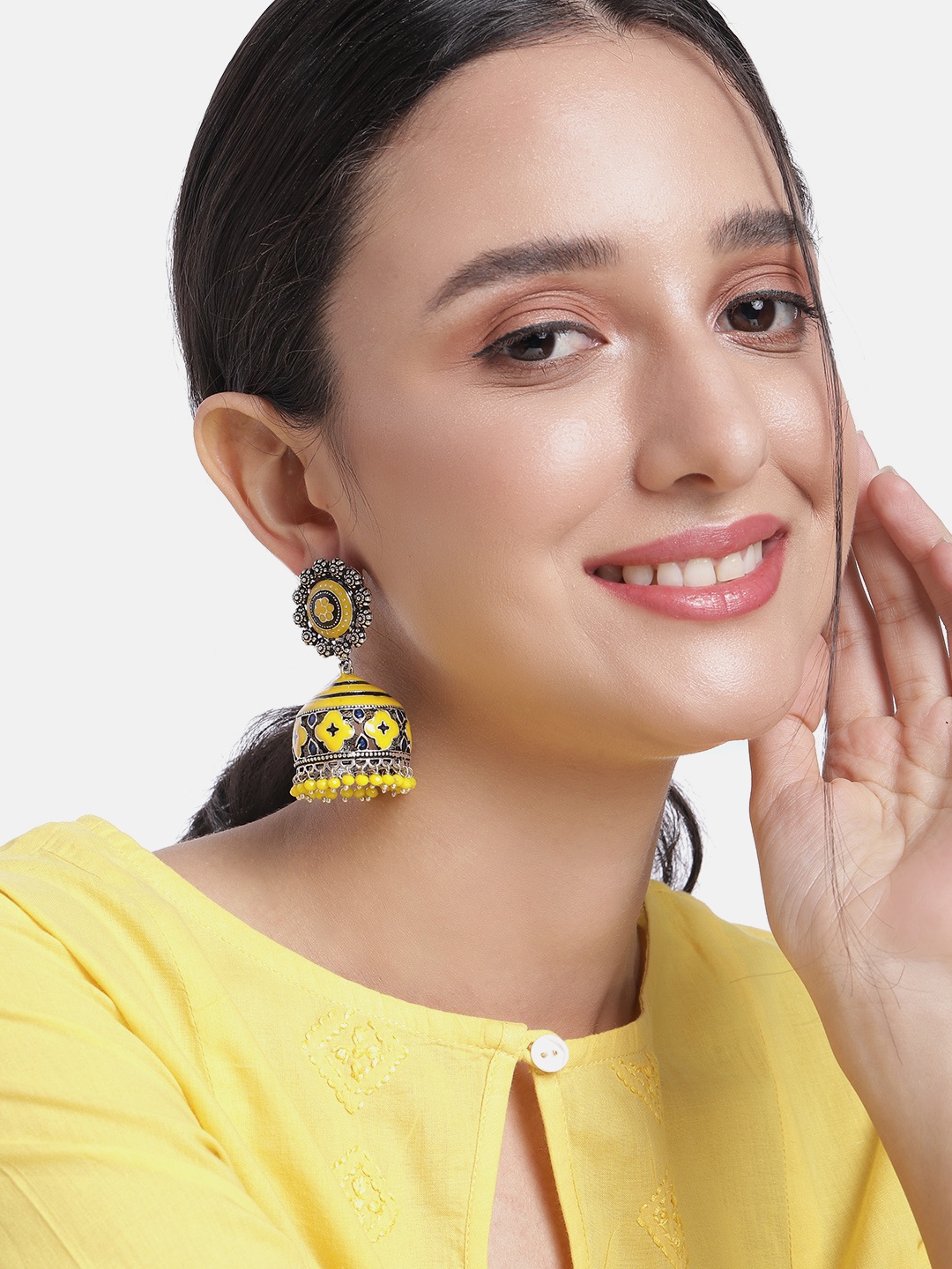 

Peora Yellow Dome Shaped Beaded Jhumkas Earrings
