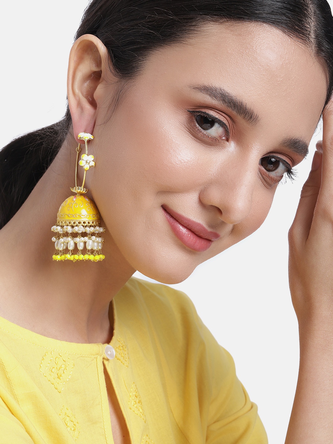 

Peora Yellow & Off White Dome Shaped Beaded Jhumkas Earrings