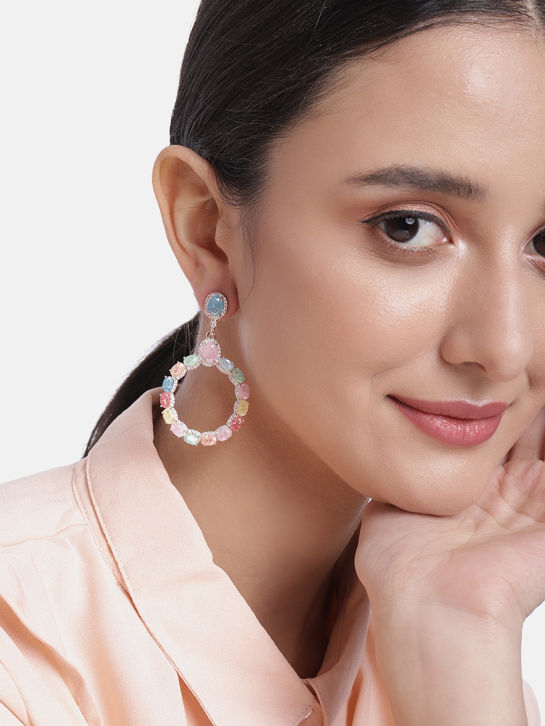 

Peora Multicoloured Circular Stone Studded Drop Earrings, Multi