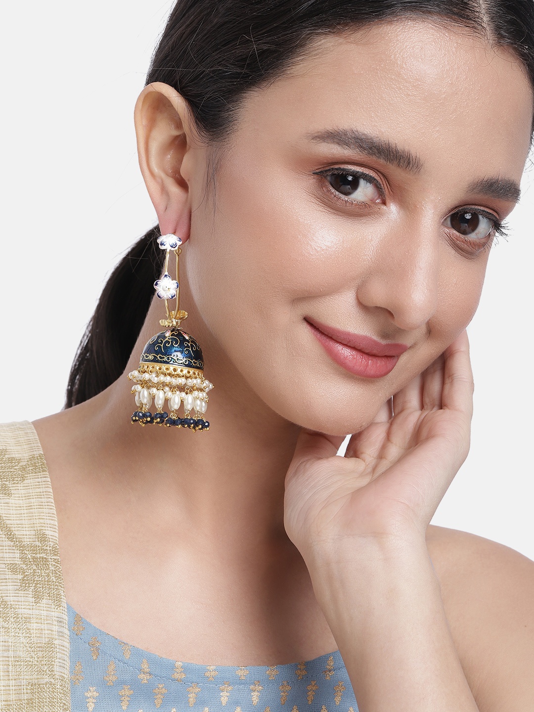 

Peora Blue & Off White Dome Shaped Stone Studded & Beaded Jhumkas Earrings