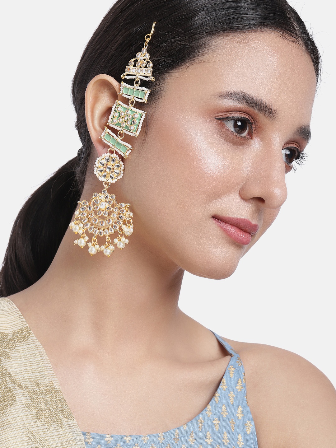 

Peora Sea Green & Gold-Toned Stone Studded & Beaded Classic Drop Earrings