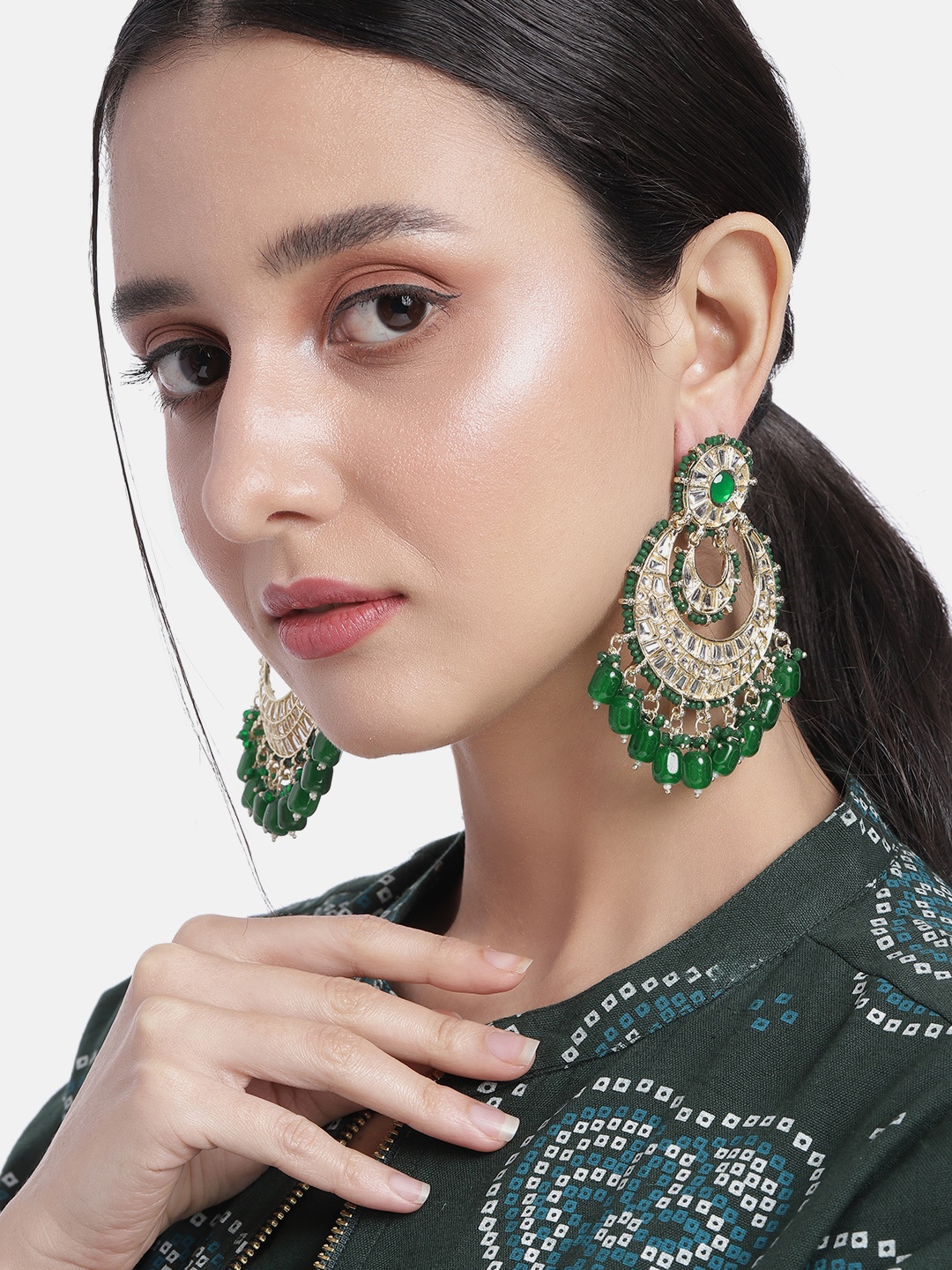 

Peora Gold-Plated Crescent Shaped Chandbalis Earrings, Green