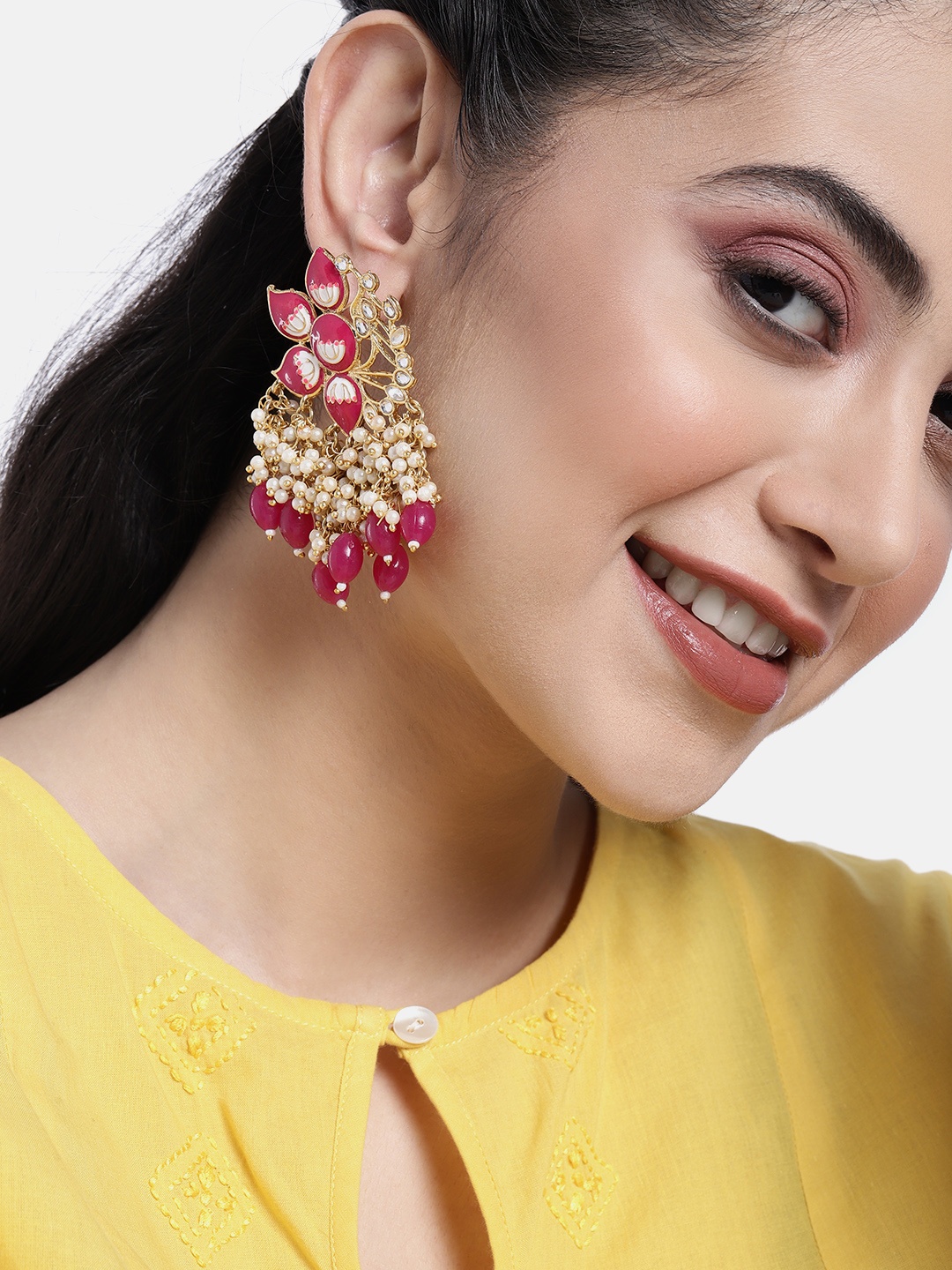 Peora Gold-Plated Floral Drop Earrings, Magenta