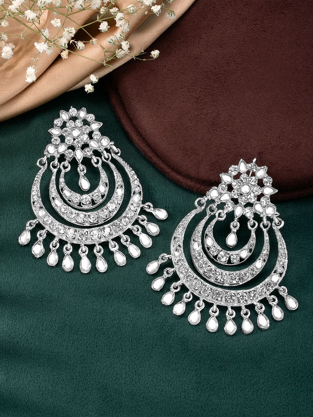 

Peora Silver-Toned Teardrop Shaped Stone Studded Chandbalis Earrings