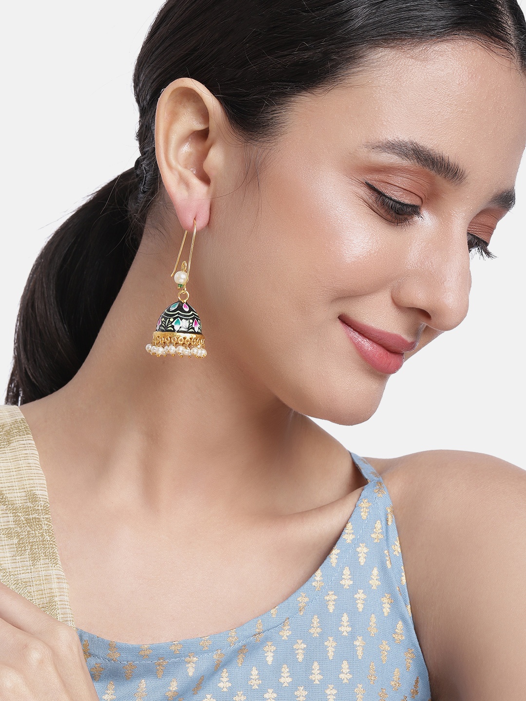 

Peora Black Dome Shaped Stone Studded & Beaded Jhumkas Earrings
