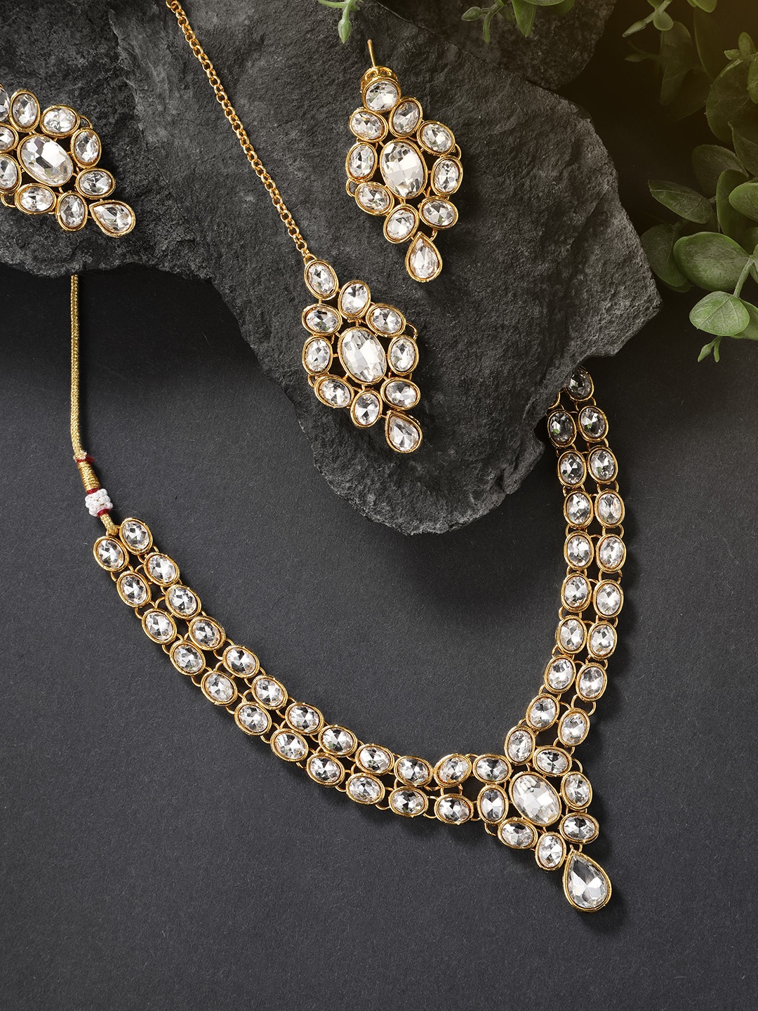 

Peora Gold-Plated Crystal Necklace with Earring & Maangtikka Jewellery Set, White