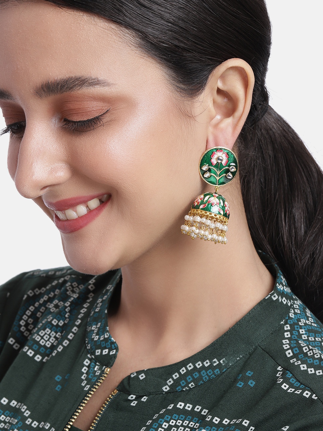 

Peora Gold-Plated Dome Shaped Jhumkas Earrings, Green