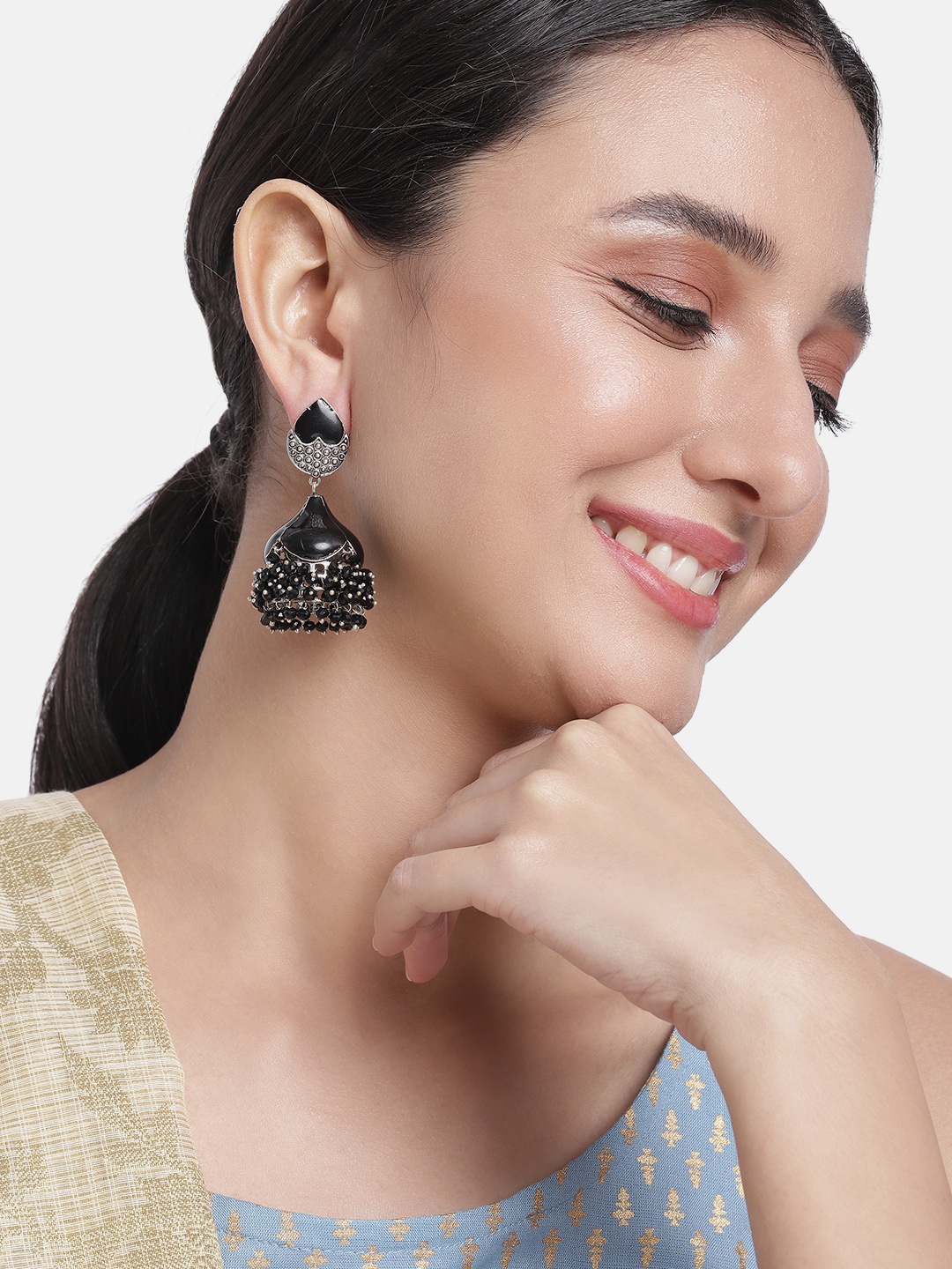 

Peora Black Dome Shaped Beaded Jhumkas Earrings