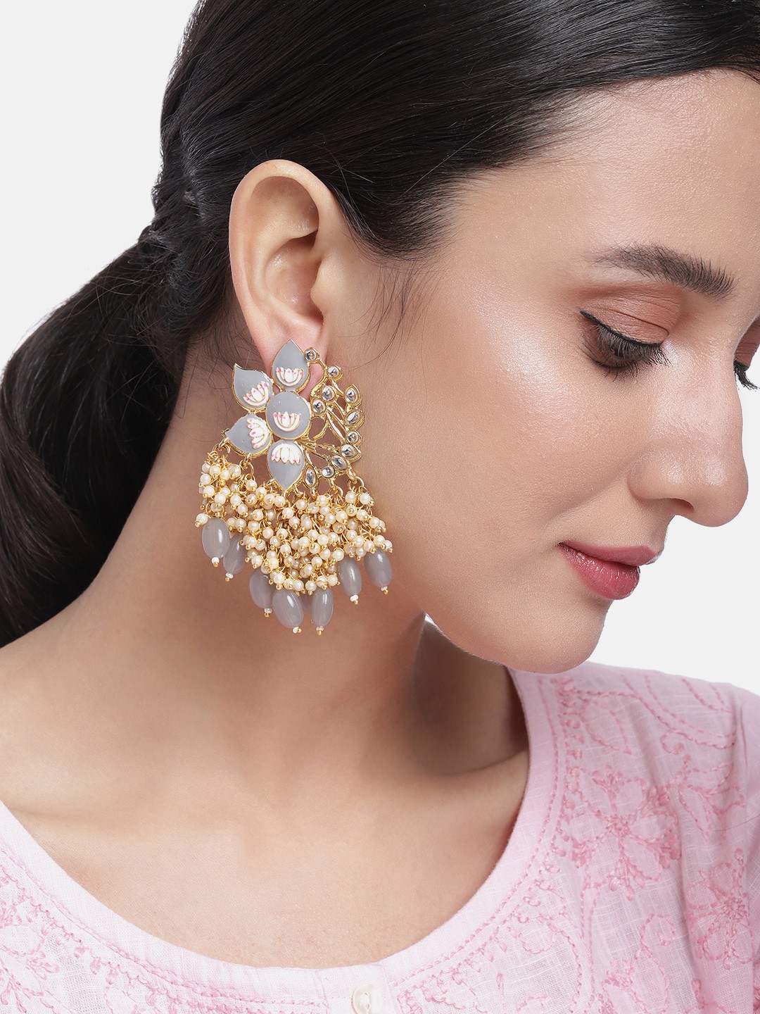 

Peora Grey & Gold-Toned Floral Beaded Drop Earrings