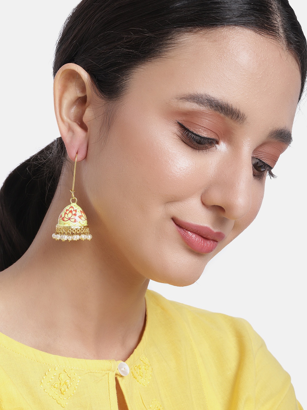 

Peora Yellow & Red Dome Shaped Beaded Jhumkas Earrings