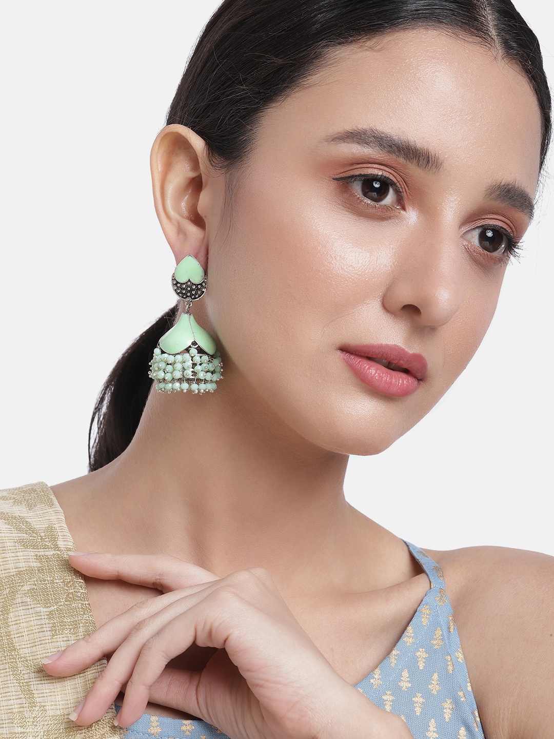 

Peora Sea Green Dome Shaped Beaded Jhumkas Earrings