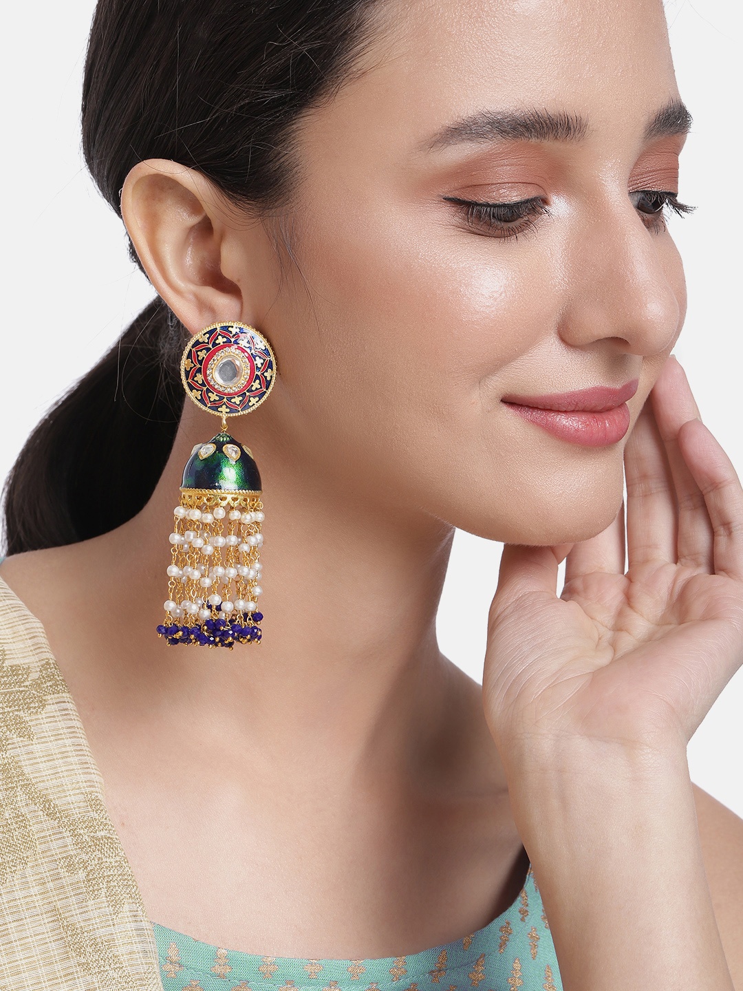 

Peora Blue & Red Dome Shaped Stone Studded & Beaded Jhumkas Earrings