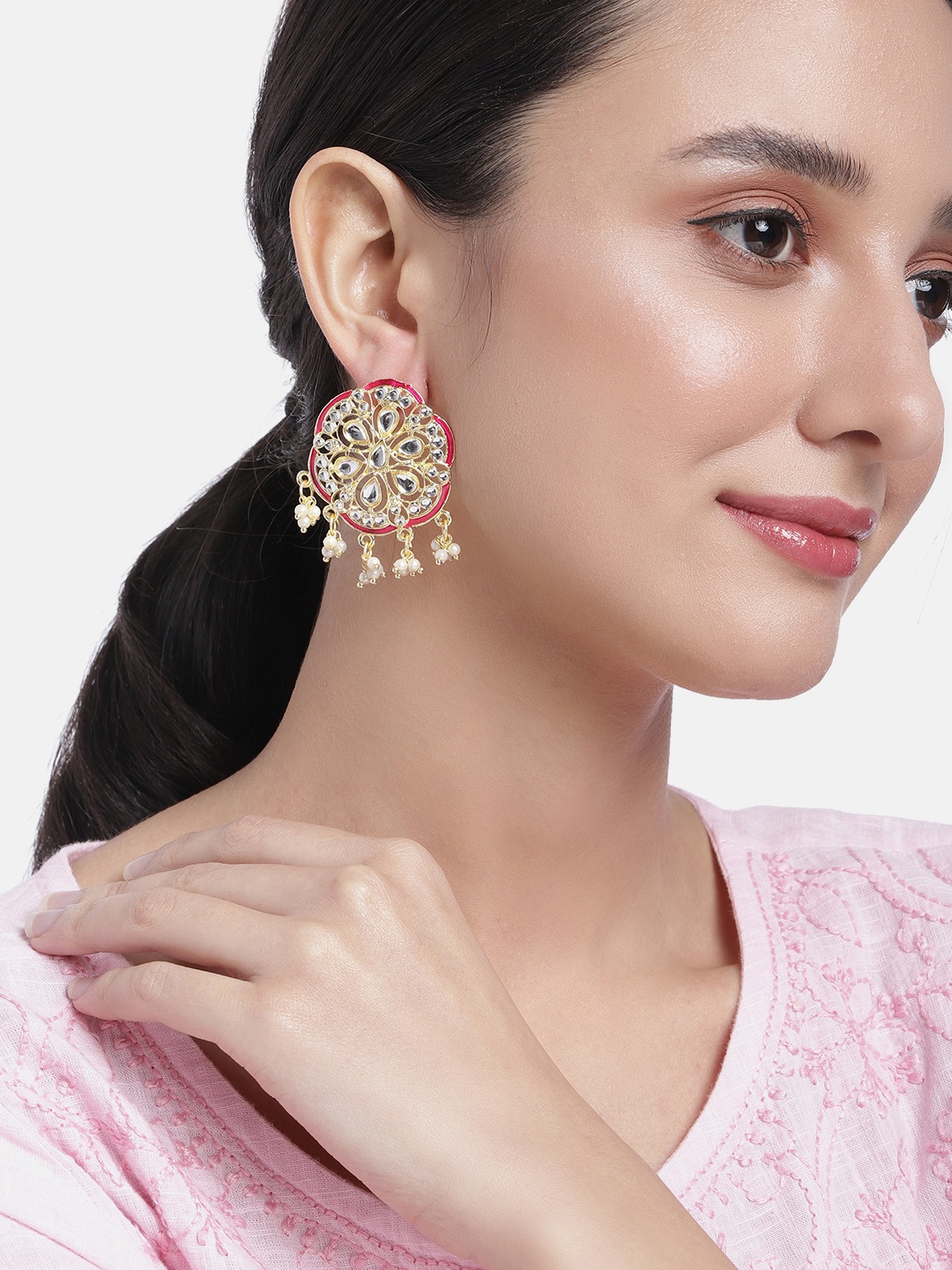 

Peora Pink & Gold-Toned Circular Stone Studded & Beaded Drop Earrings