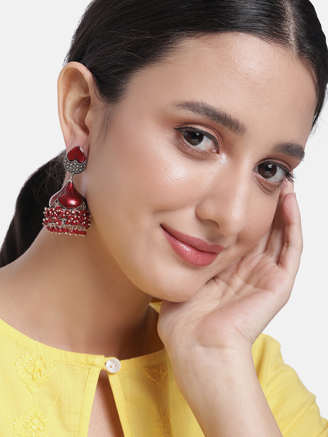

Peora Maroon Dome Shaped Beaded Jhumkas Earrings