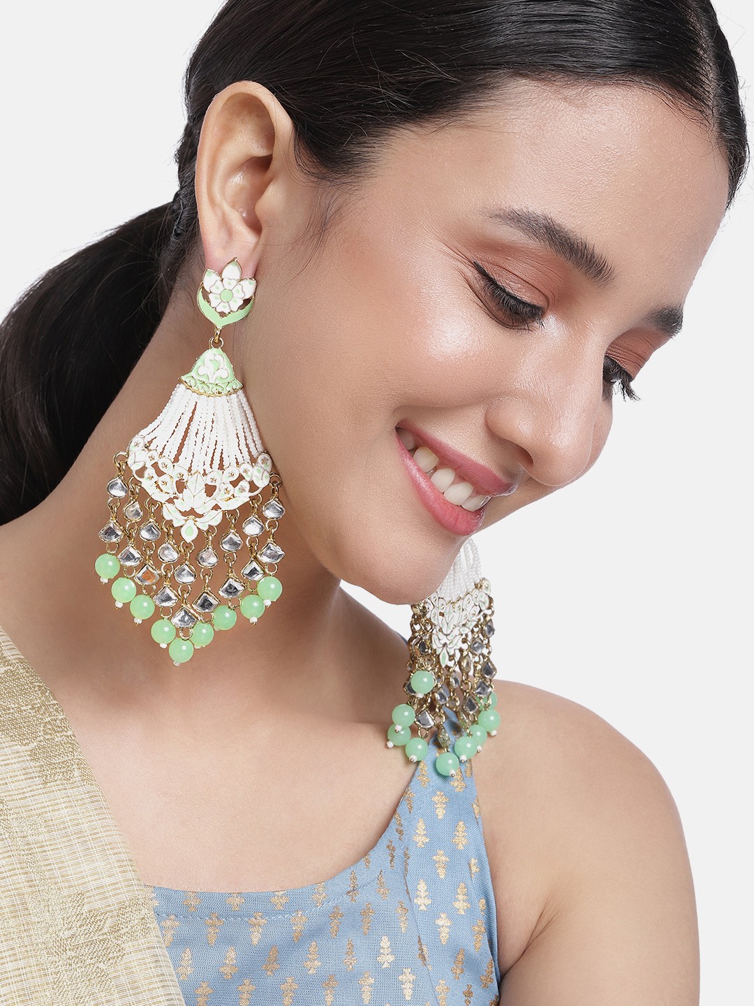 

Peora Sea Green & White Classic Stone Studded & Beaded Drop Earrings