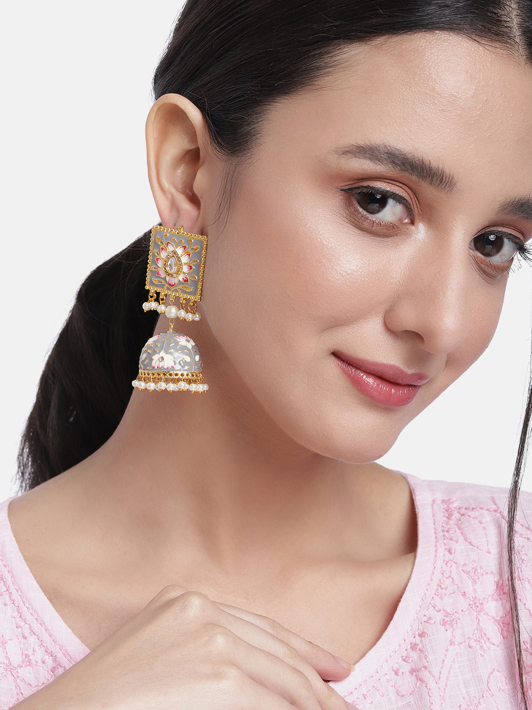 

Peora Grey & Gold-Toned Dome Shaped Stone Studded & Beaded Jhumkas Earrings