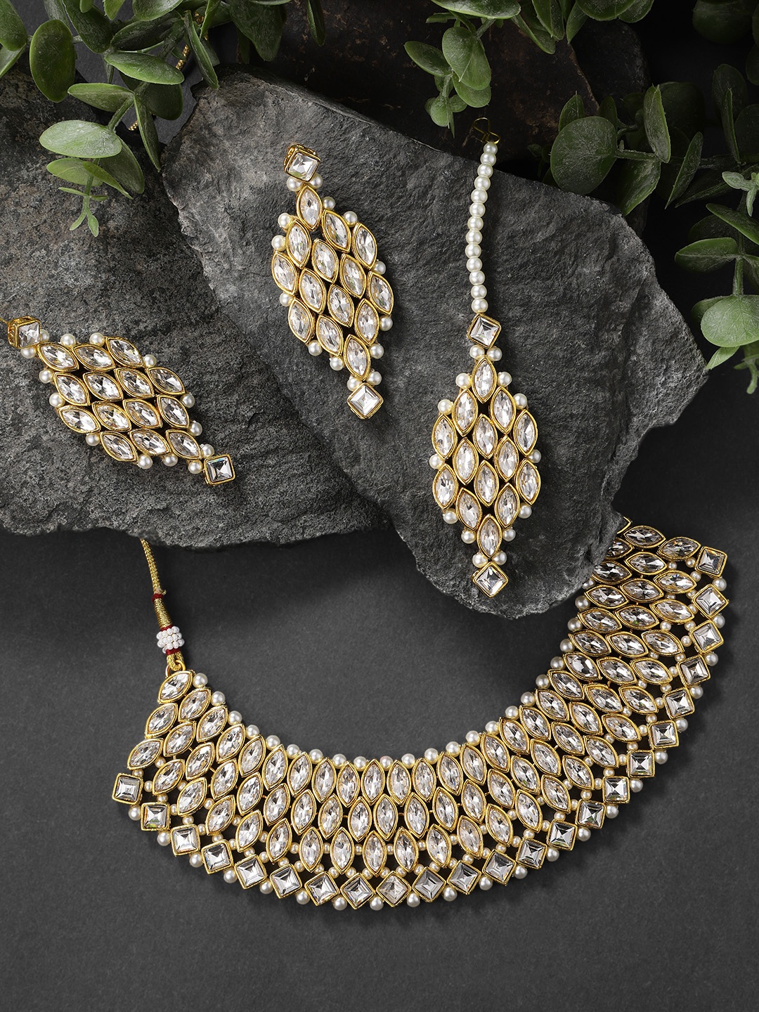 

Peora Gold-Plated Crystal Choker Necklace Earring & Maang Tika Set, White