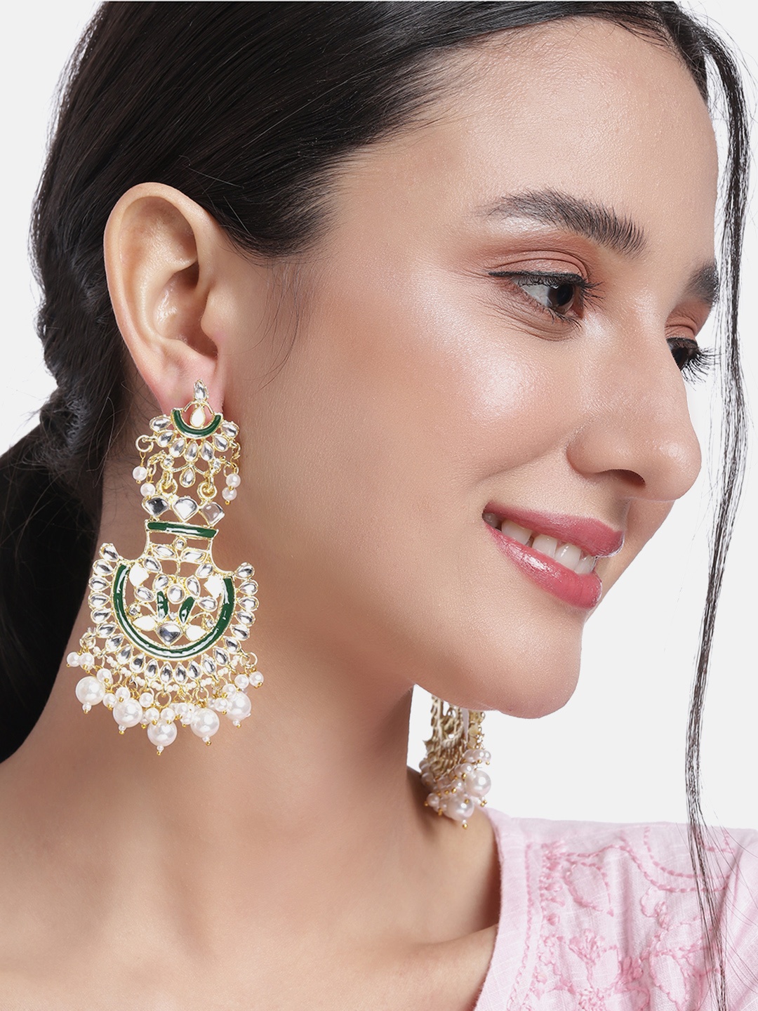 

Peora Green & Gold-Toned Classic Stone Studded & Beaded Chandbalis Earrings