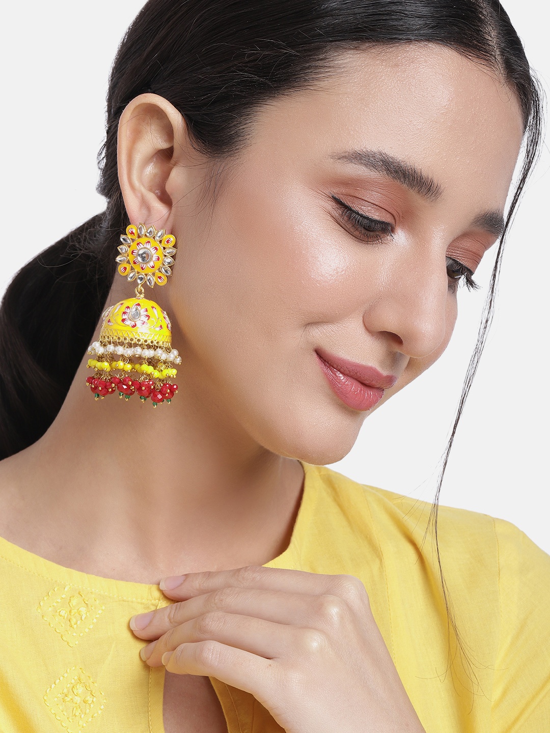

Peora Yellow & Red Dome Shaped Stone Studded & Beaded Jhumkas Earrings