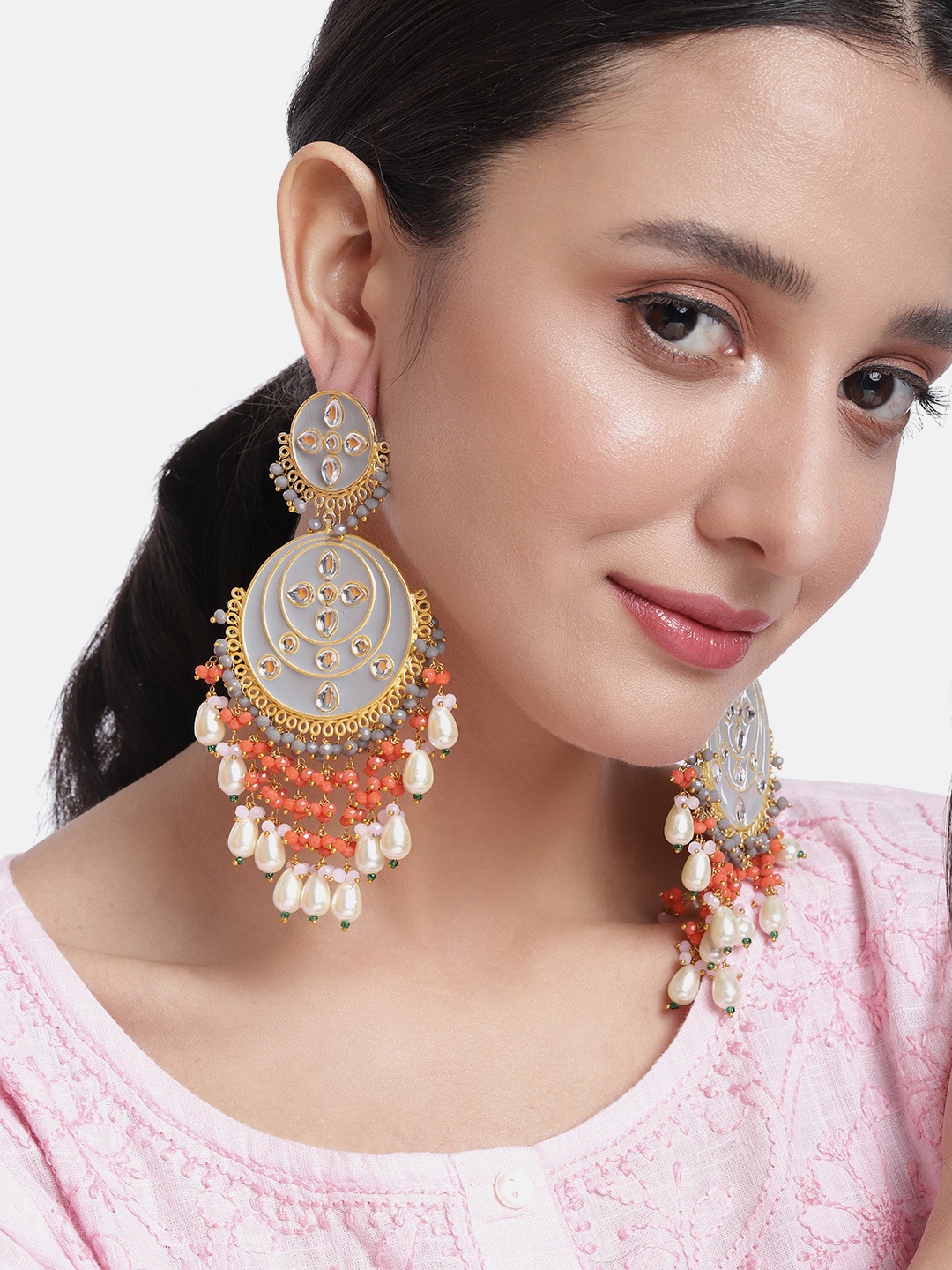 

Peora Grey & Red Circular Stone Studded & Beaded Drop Earrings