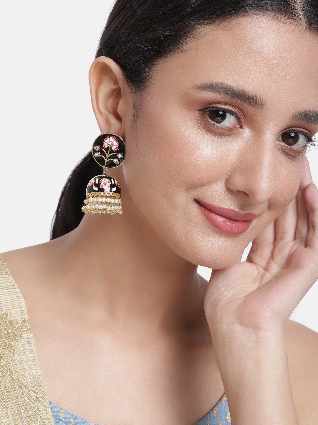 

Peora Black & Pink Dome Shaped Stone Studded & Beaded Jhumkas Earrings