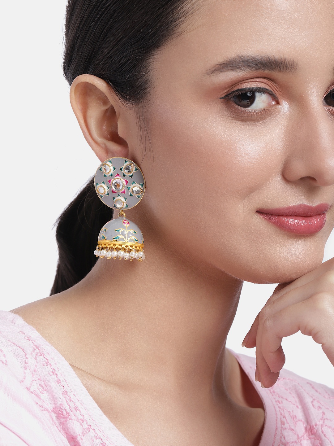 

Peora Grey & Gold-Toned Dome Shaped Stone Studded & Beaded Jhumkas Earrings