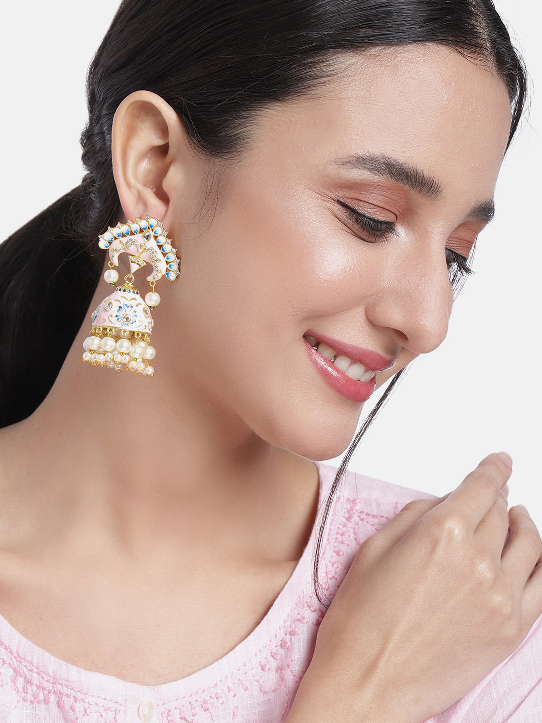 

Peora Pink Classic Stone Studded & Beaded Jhumkas Earrings