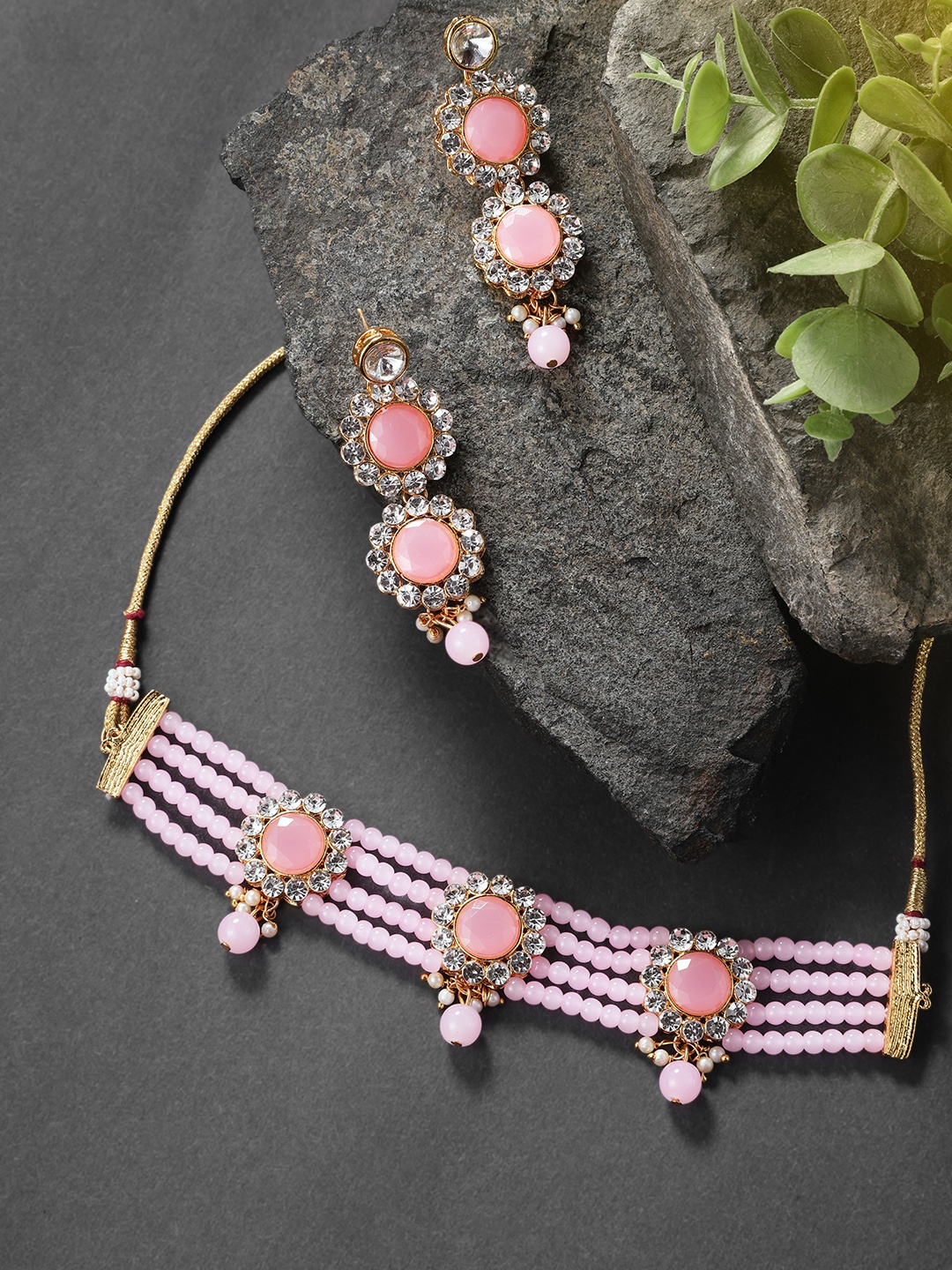 

Peora Gold-Plated Stone Studded Pearl Choker Necklace & Earring Jewellery Set, Pink