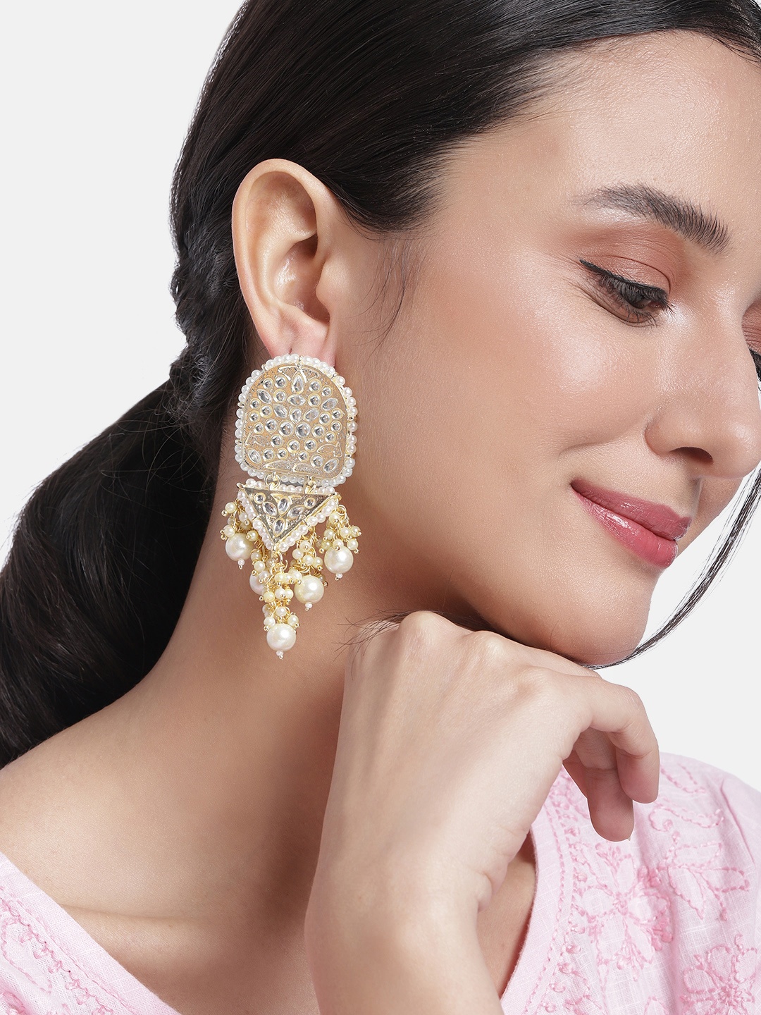 

Peora Off White & Gold-Toned Stone Studded & Beaded Classic Drop Earrings