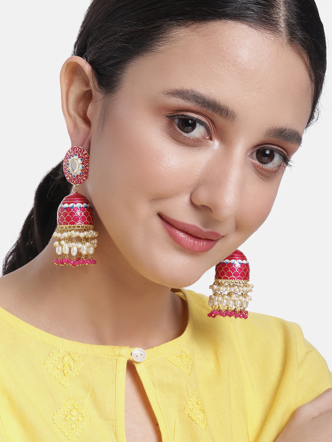 

Peora Magenta & Off White Dome Shaped Jhumkas Earrings