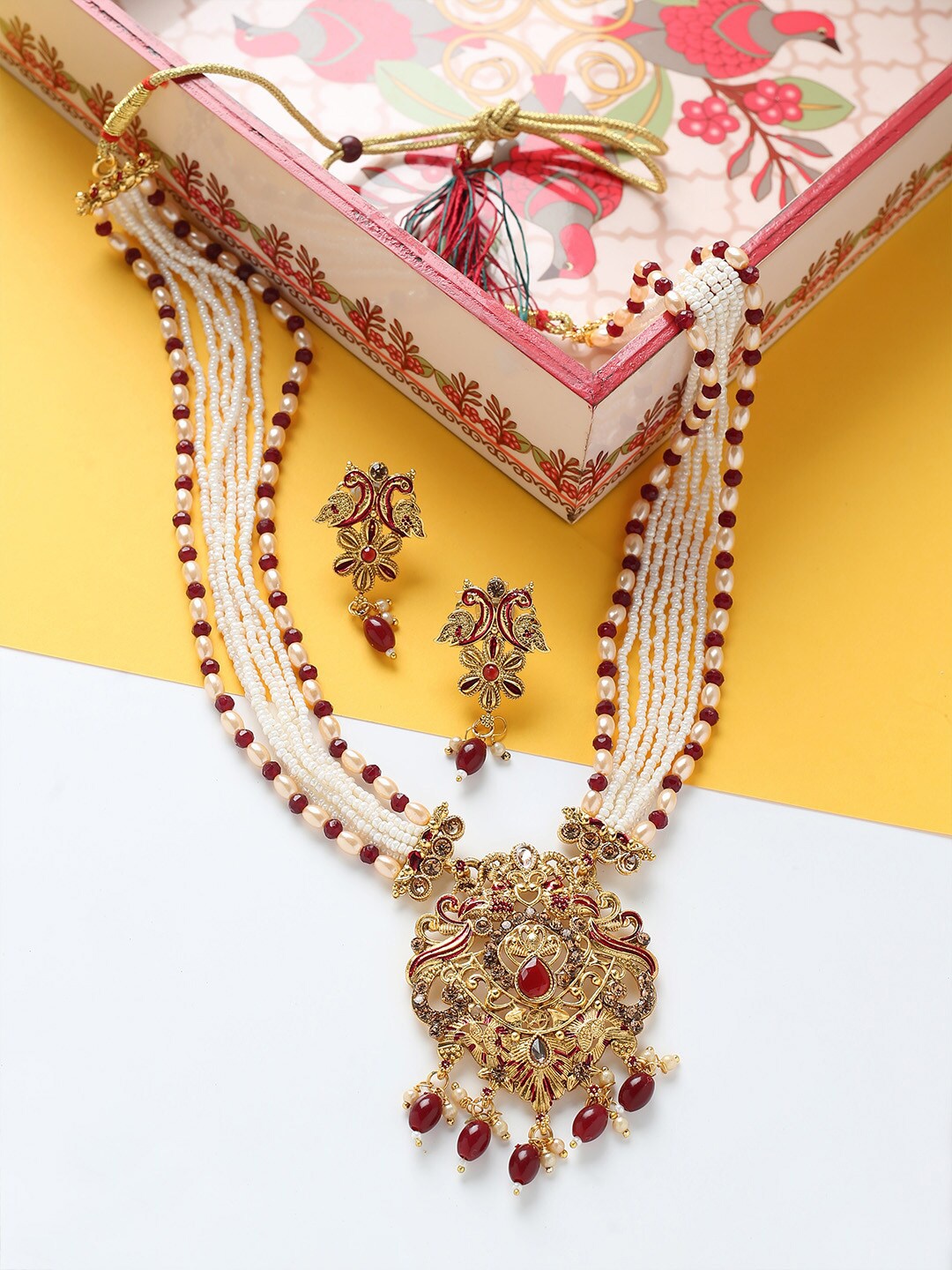

MAD CLUB Gold-Plated Red Stone & Pearl Studded Jewellery Set