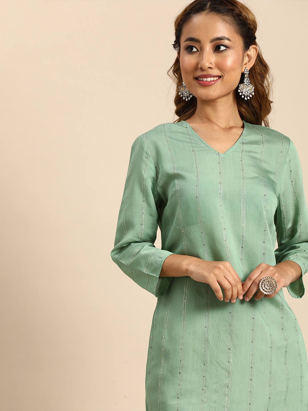 

Sangria Women Green Sequined Jacquard Chanderi Silk Kurta