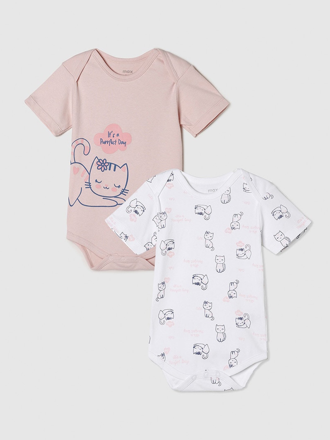

max Girls Pack of 2 White & Pink Printed Pure Cotton Bodysuit